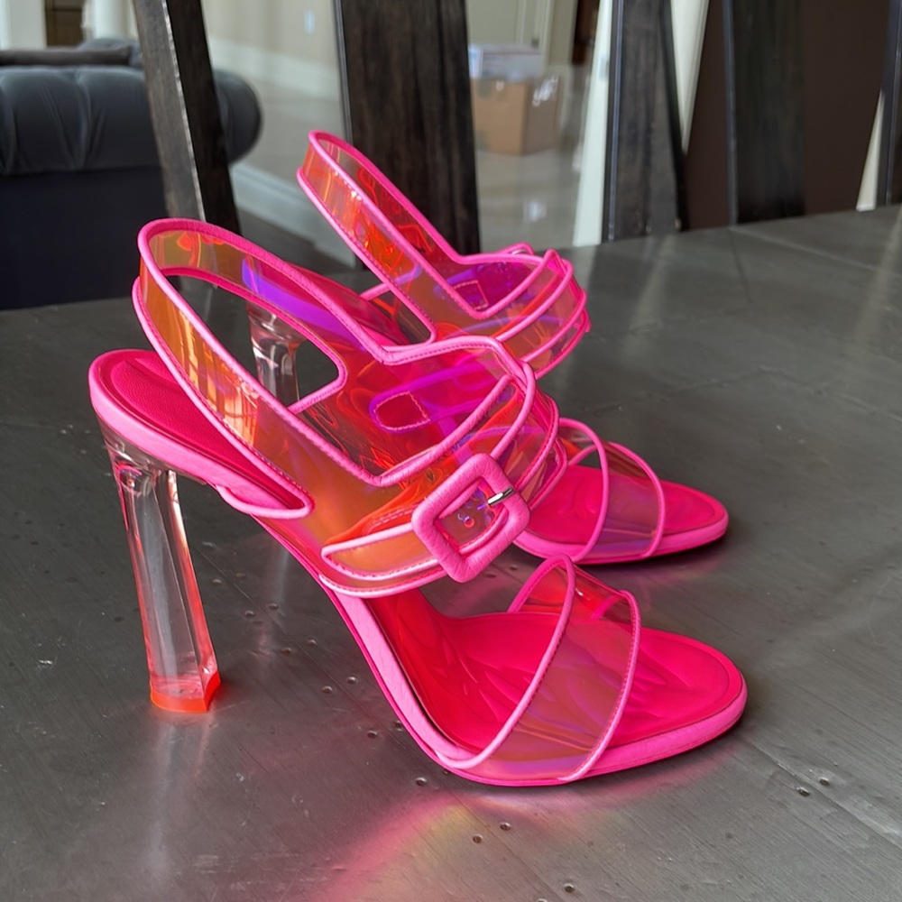 Christian Louboutin loubi duniss 100mm pink neon pvc pump peep toe sandal s 38.5 - Picture 2 of 12